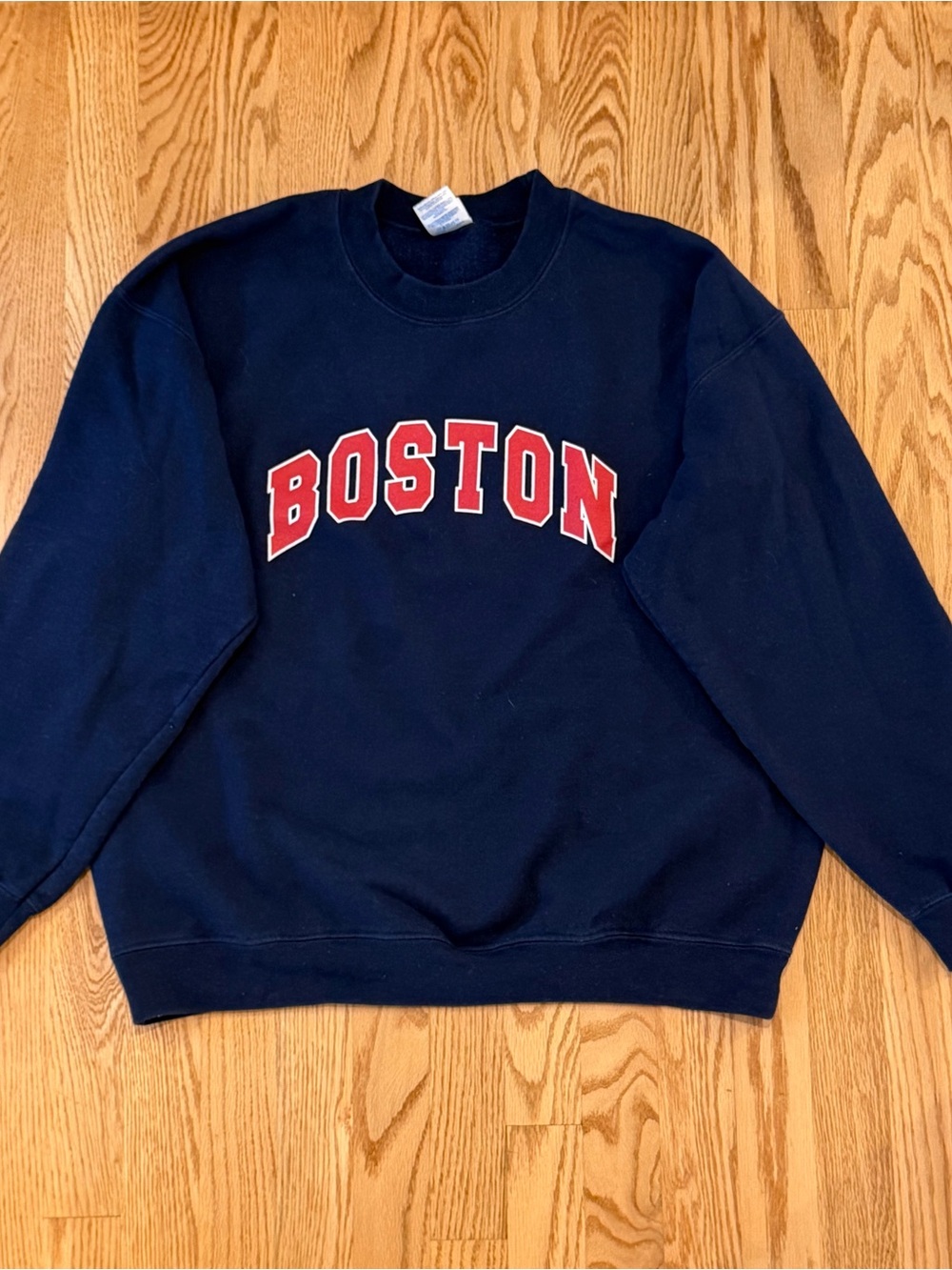 Gildan Navy Crewneck Sweatshirt with Red Boston Lettering